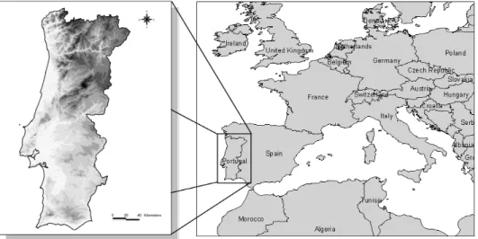 Figure 1 — General location of the Portuguese mainland, with representation of its elevation