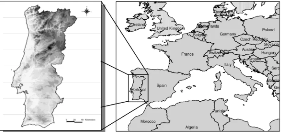 Fig. 1. General location of the Portuguese mainland (the study  area) and country map (the darker colour, the highest elevation)