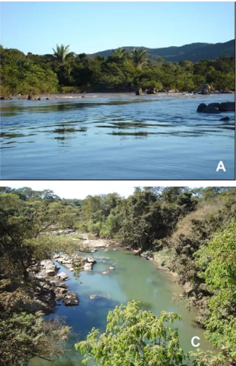 Figura 1 – Vista parcial dos ambientes aquáticos amostrados neste  estudo nas seções alta (A) e média (B) do rio Araguaia e na bacia do rio  Tocantins (C)