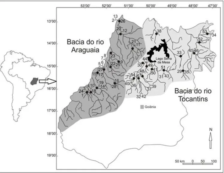 Figura 1 – Área de estudo com localização dos rios e riachos amostrados por bacia no  estado de Goiás