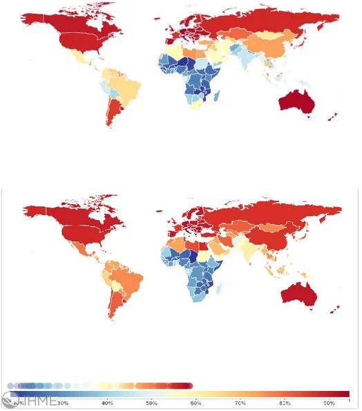 Figure 2 | Percentage of total deaths due to non communicable diseases, in 1990 and 2014,  by world region