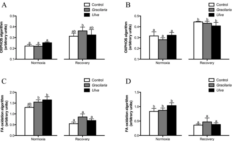 Fig. 2. Hepatic and cardiac indexes related to OXPHOS and FA oxidation genes in sea bream fed seaweed supplemented diets in normoxia or subjected to hypoxia followed by normoxia (recovery)
