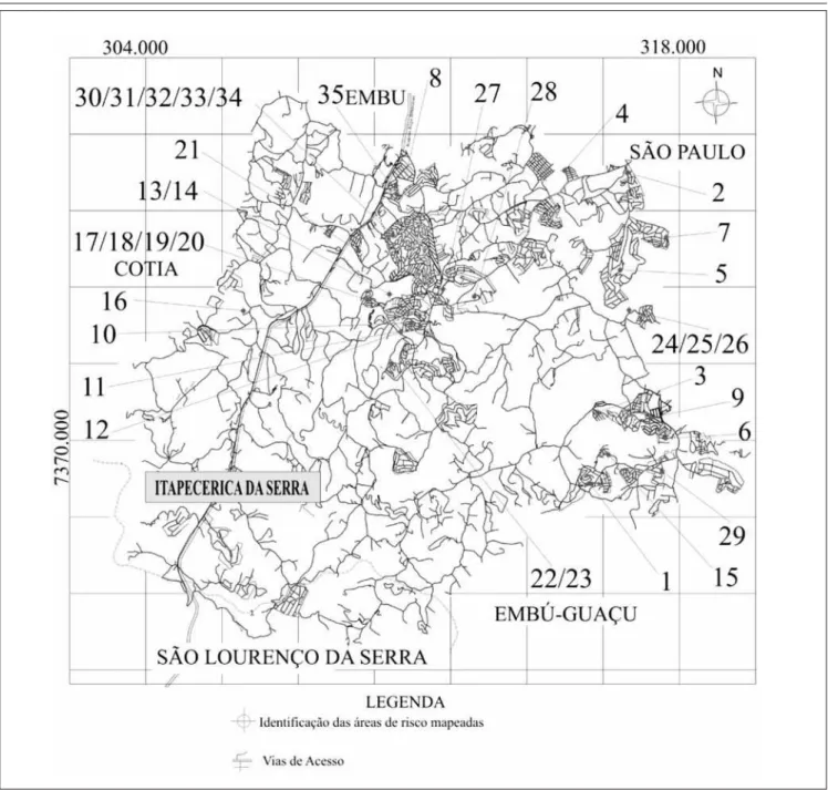 Figura 3 - Localização das áreas do município de Itapecerica da Serra onde foram mapeadas situações de risco geológico.