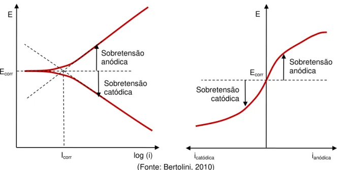 Figura 3.10  –  Curvas de polarização potenciodinâmica, traçadas em escala logarítmica e linear,  respectivamente 