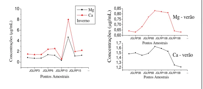 Figura 4.6.2.1  –  Comportamento das concentrações de Ca e Mg durante o inverno e verão  no Rio Piracicaba
