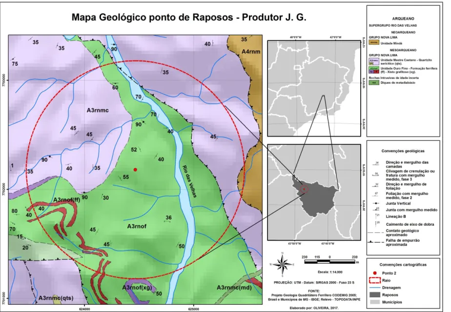 Figura  3.5  -   Mapa  Geológico  do  entorno  do  Local 2  região  de  Raposos  -  MG
