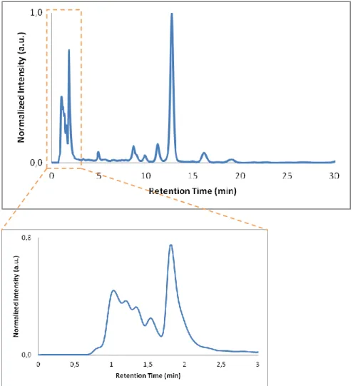 Figure 24 - Chromatogram of a black tea sample in a Mixed-Mode WAX-1 column. Mobile phase: 20 mM  CH 3 COONH 4   (pH  5.0)  and  40%  (v/v)  CH 3 CN;  flow  rate:  0.5  mL/min;  fluorescence  detector  operating at λ Exc /λ Em  = 300/425 nm
