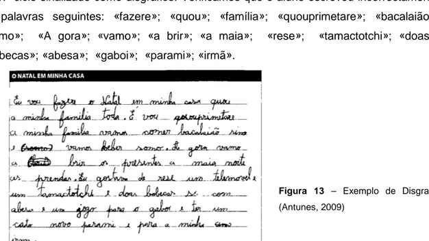 Figura  13  –  Exemplo  de  Disgrafia  (Antunes, 2009) 