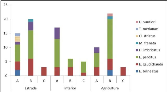 Figura 4: Número de lagartos coletados nos diferentes ambientes (Estradas, Interior e Agricultura) de  cada área (A, B e C) na Serra do Ouro Branco, Minas Gerais