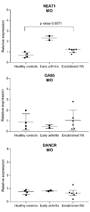 Figure 5 - Relative expression of NEAT1, GAS5 and DANCR in monocytes from healthy controls (n=4),  early arthritis patients (n=2) and established rheumatoid arthritis patients (n=6)