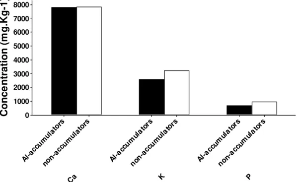 Figure  VII.  Foliar  concentration  of  the  macronutrients  Ca,  K  and  P  (mg.Kg -1 )  between  Al  accumulators and non-accumulators