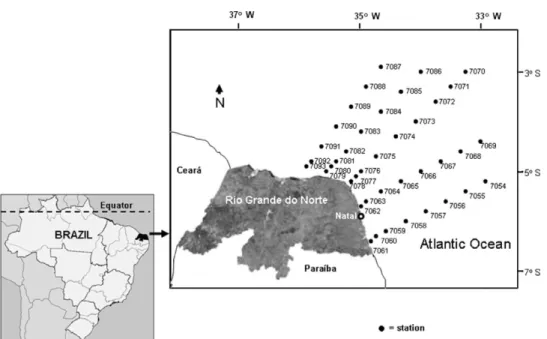 Fig. 1. Area and sampling stations off northeastern Brazil.