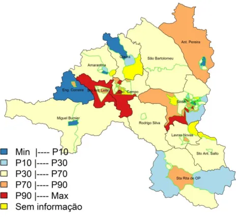 Figura 2 - Mapa temático do percentual de extrema pobreza entre os beneficiários do  Programa Bolsa Família por setor censitário, Ouro Preto, 2014