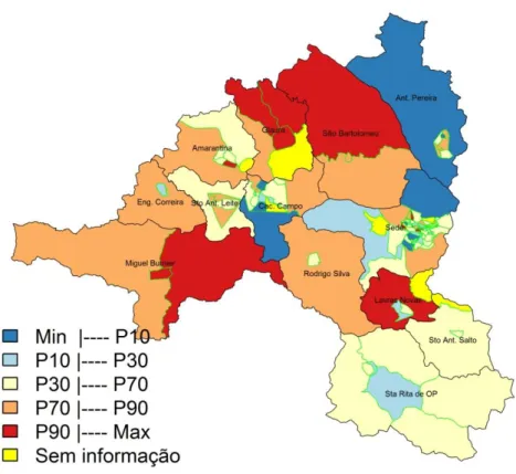 Figura 3 - Mapa temático do percentual de pobreza entre os beneficiários do Programa  Bolsa Família por setor censitário, Ouro Preto, 2014
