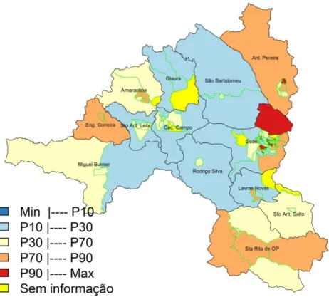 Figura  4  -  Mapa  temático  do  percentual  de  vulneráveis  entre  os  beneficiários  do  Programa Bolsa Família por setor censitário, Ouro Preto, 2014