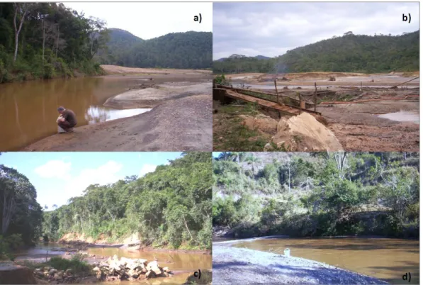 Figura  3.4  –   Pontos  de  amostragem  no  rio  Gualaxo  do  Norte  (a)  área  de  antigo  garimpo  (b)  garimpo  em  atividade - (c) área de garimpo (d) Ponte do Gama