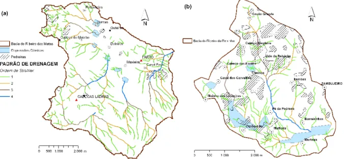 Figura 2 – Ordens de Strahler dos cursos de água e delimitação de depressões cársicas: (a) bacia do Ribeiro das Matas (35,75 km 2 ); (b) bacia do Ribeiro da Relvinha (13,97 km 2 ).
