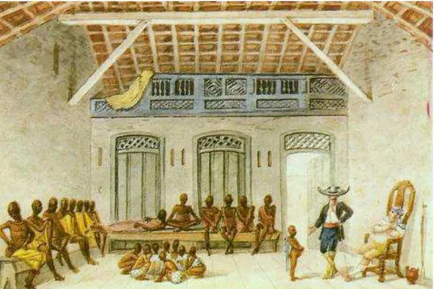 Figura 12 - DEBRET, Jean Baptiste. Mercado de Escravos no Rio de Janeiro. Aquarela sobre papel
