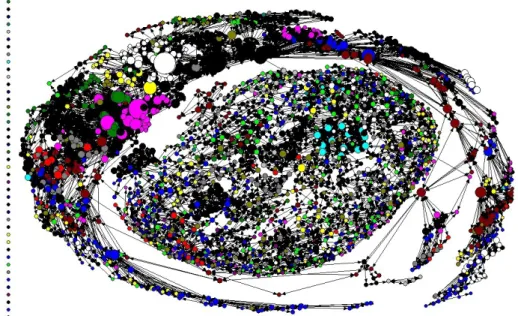 Figure  2  illustrates  the  co-authorship  social  network,  where  the  node  size  represents  the  degree  of  centrality  and  indicates  the  number  of  links  incident  upon  a  node