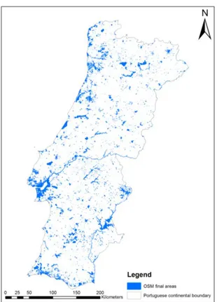 Figure 2 - Spatial distribution of OSM classified areas over  continental Portugal 