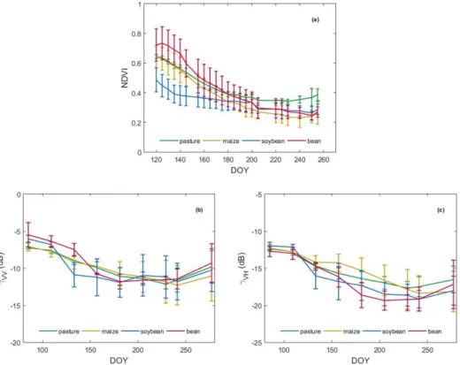 Figure 6. Mean NDVI (a) and gamma VV (b) and VH (c) backscattering time series for maize, soybean, pasture and bean.
