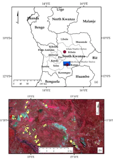 Figure 1. (a) Regional context of the test area (solid blue rectangle) with the location of the Kibala and Wako-Kungo weather stations of the Southern African Science Service Centre for Climate Change and Adaptive Land Management (SASSCAL) WeatherNet; (b) 