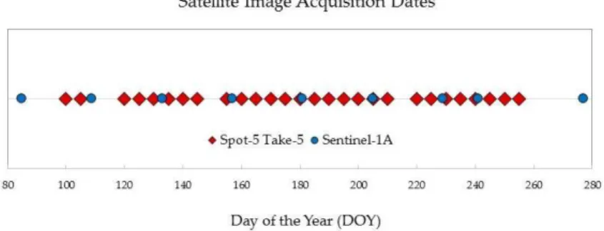 Figure 2. Sentinel-1A and SPOT-5 Take-5 acquisition timeline, from 26 March 2015 (DOY 85) to 4 October 2015 (DOY 277).