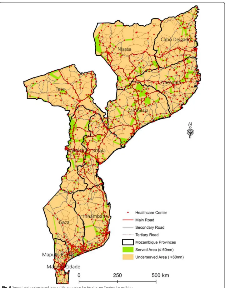 Fig. 9 Served and underserved area of Mozambique by Healthcare Centers by walking