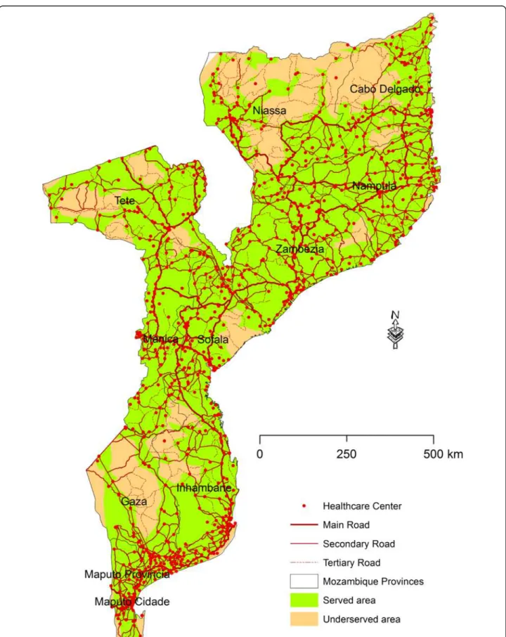Fig. 4 Served and underserved area of Mozambique by Healthcare Centers by driving