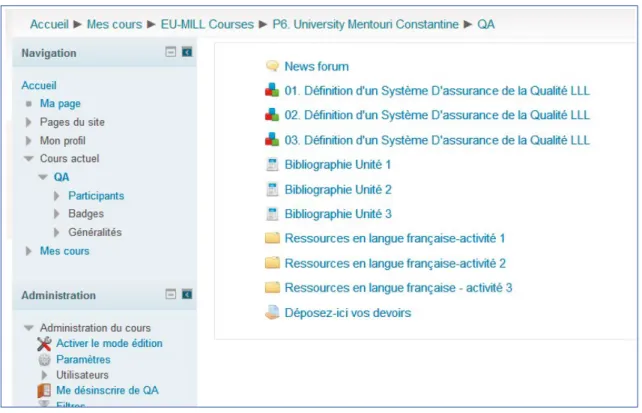 Figure 1. Screenshot of the index of the Quality Assurance online course at the EUMILL Platform  (French version)