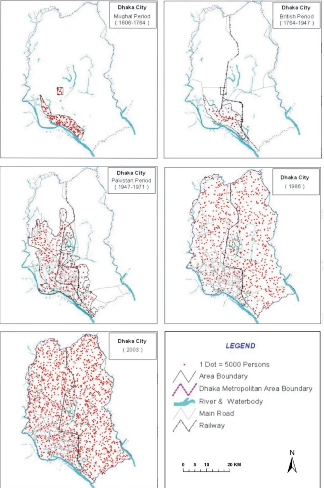 Figure 1.1: Changing Patterns of Dhaka City in Area and Population 