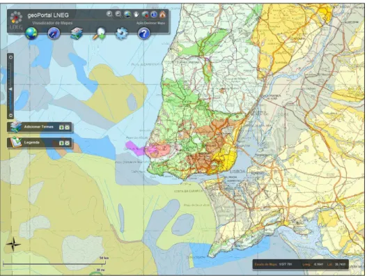 Figura 4 – Visualizador de mapas do geoPortal do LNEG. Exemplo de um excerto da Carta Geológica  de Portugal 1: 1000 000, edição 2010 do LNEG, sobreposta à Carta de Portugal 1:500 000 do serviço 