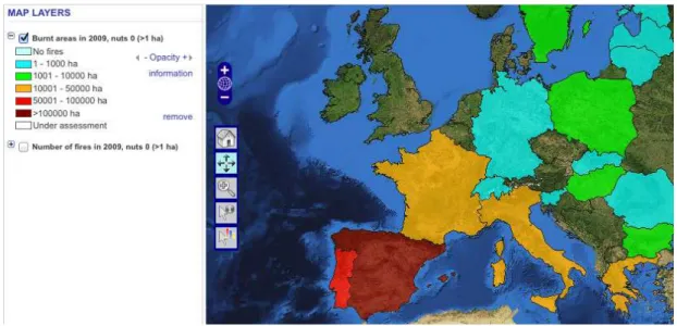 Figure 1 - Burnt Areas in 2009 in some European countries [EFFIS Viewer] 