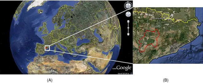 Figure 2: Overview of the study area in Google Earth. (A): The white box shows location of the study area within  Europe