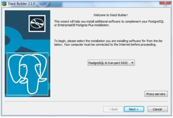 Figura 6: Inicio de Stack Builder para instalação da extensão espacial PostGIS 