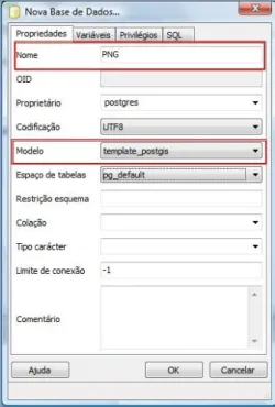 Figura 8: Criação de base de dados espacial no PostgreSQL/PostGIS. Em destaque o modelo: 