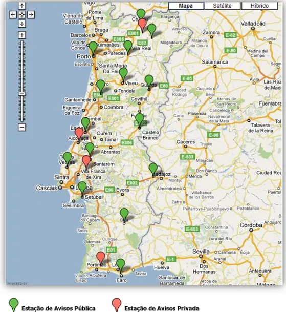 Figura 2  –  Localização geográfica das estações de Avisos Públicas e Privadas sobre a alçada do SNAA em Portugal  Continental 