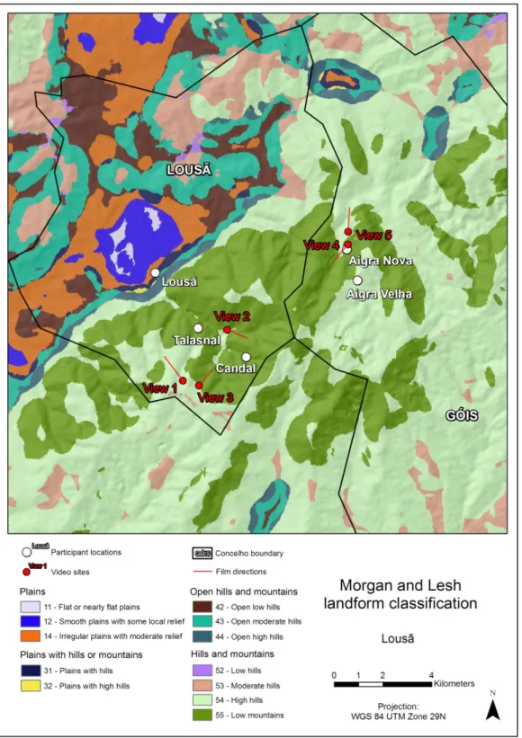 Figure 7. Morgan and Lesh landform classification map with video view sites and participant  residence locations, Lousã  