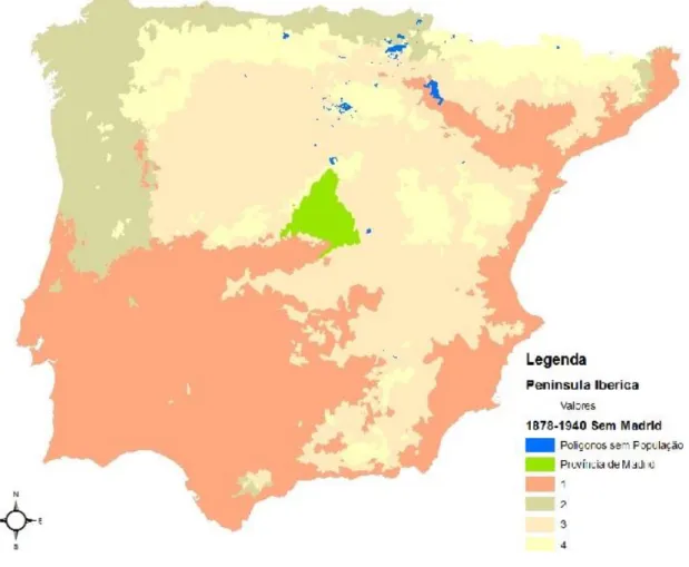 Figura 4 - Mapa dos clusters obtidos sem os dados referentes à província de Madrid no período 1878- 1878-1940 