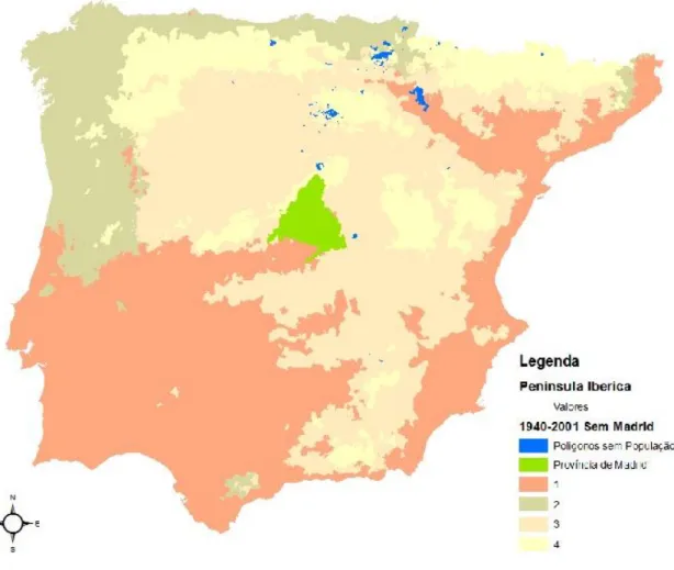 Figura 6 - Mapa dos clusters obtidos sem os dados referentes à província de Madrid no período 1940- 1940-2001 