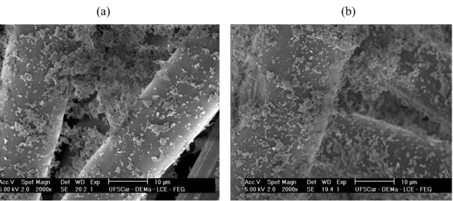 Figura 4.13 - Fotografias da superfície do feltro de polipropileno geradas no MEV, (a) em um ciclo  de filtração e limpeza, com ampliação de 2000x, e (b) em 10 ciclos de filtração e limpeza, com 