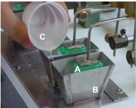 Figura 3 – Máquina de escovação Equilabor. Escovas posicionadas a 90° em relação  aos corpos de prova (A), dentro de cubas metálicas (B), onde está sendo vertida a  mistura 1:1 de água e dentifrício (C) 