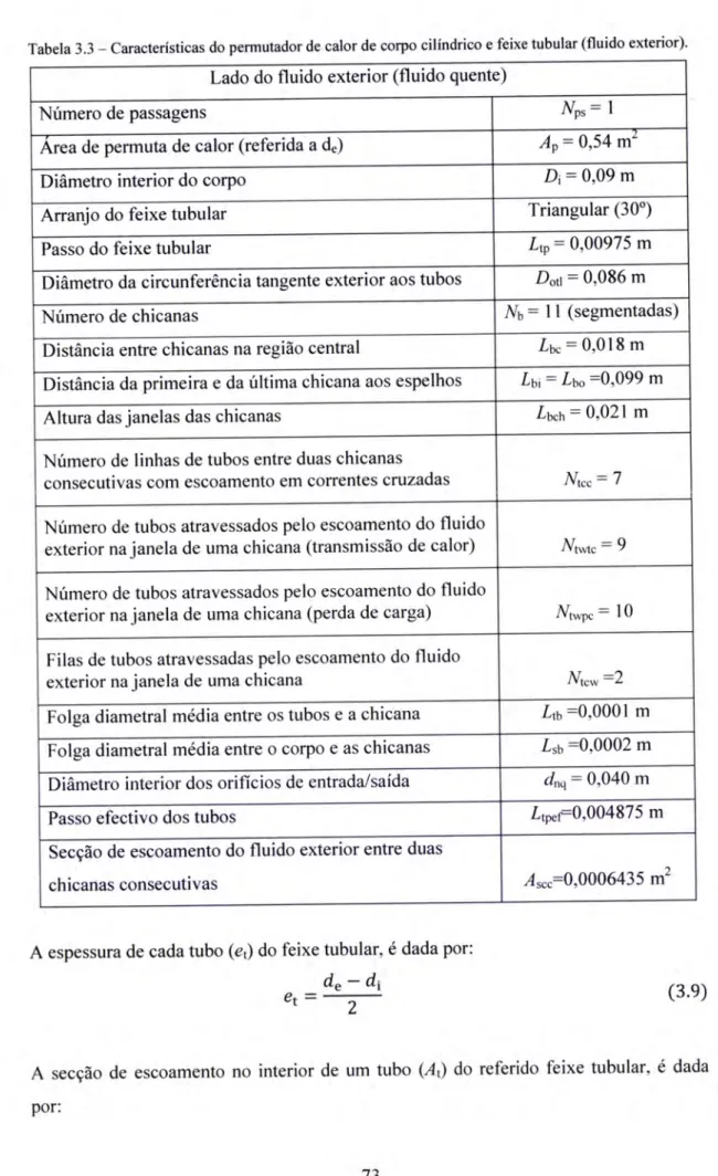 Tabela  3.3  -  Características do permutador de calor  de corpo  cilíndrico  e  feixe tubular  (fluido  exterior).