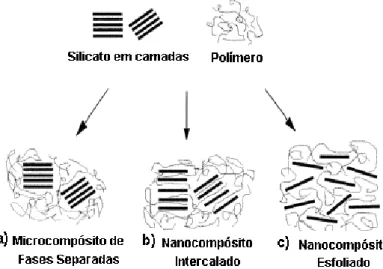 Figura  2.7  Esquema  dos  diferentes  tipos  de  compósitos  que  podem  ser  formados  da  mistura  entre  silicatos  lamelares  e  polímeros:  (a)  Microcompósito  (separação  das  duas  fases),  (b)  Nanocompósito  intercalado e (c) Nanocompósito esfol