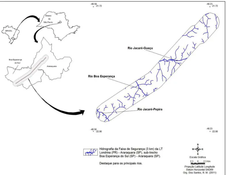 Figura 4.  Carta Temática representando a hidrografia da Faixa de Segurança da LT Londrina (PR) – Araraquara (SP), sub- sub-trecho Boa Esperança do Sul (SP) – Araraquara (SP)
