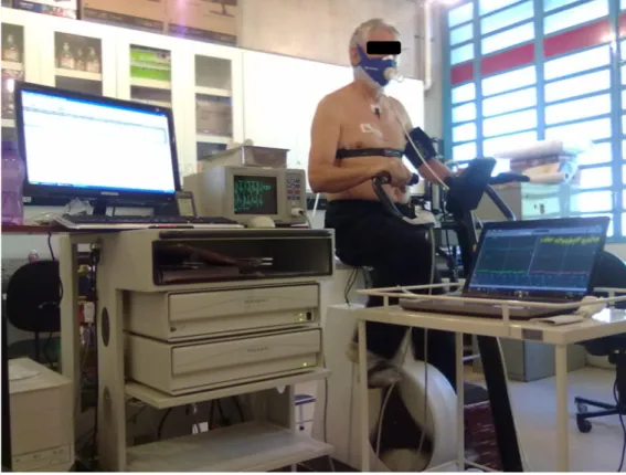 Figura 3. Procedimento experimental: voluntário durante o teste de exercício  cardiopulmonar em cicloergômetro  