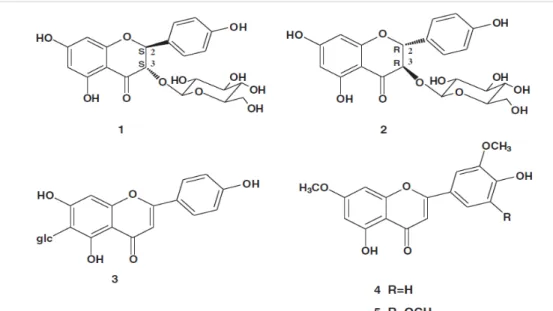 Figura 7 Estrutura química de cinco flavonoides encontrados no açaí (1) (2S,3S)-dihyrokaempferol 3-O-b-D- 3-O-b-D-glucoside  ,  (2)  (2R,3R)-dihydrokaempferol  3-O-b-D-3-O-b-D-glucoside,  (3)  isovitexina,  (4)  velutina  e  (5)   5,40-dihydroxy-7,30,50-tr