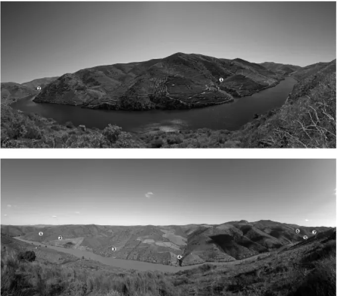 Fig. 7 – A margem direita do Douro em redor da foz do Côa. Em cima, a jusante: 1 – Ribeira do Molha Pão; 2 – Azenha (a fotografia é tirada de Vale de Cabrões)