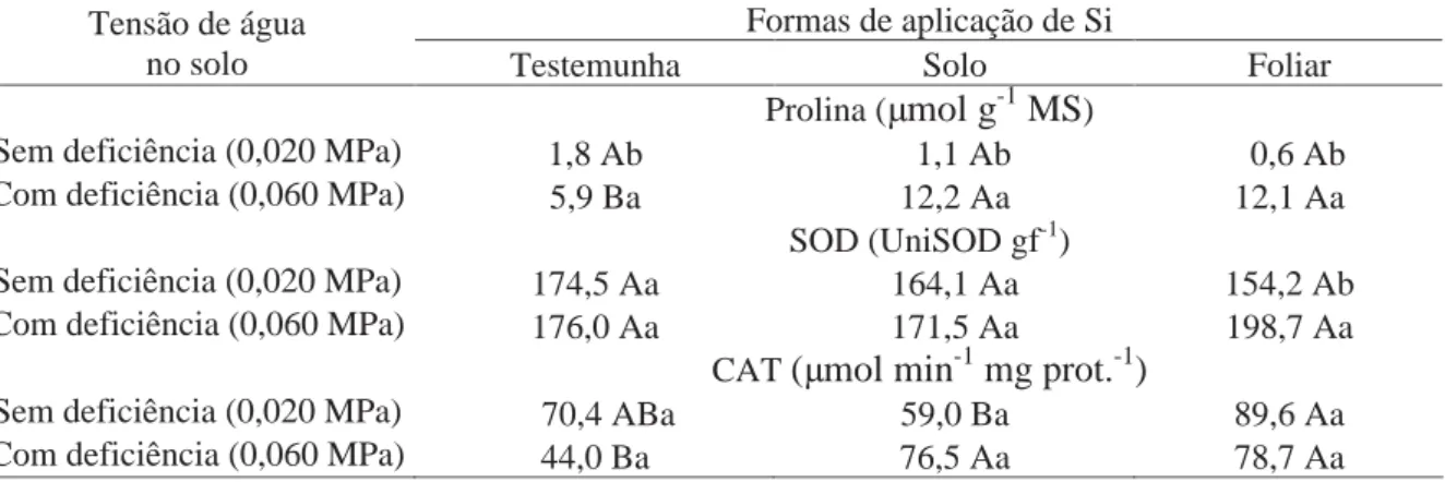 Tabela 11. Teor de prolina e atividade das enzimas SOD, CAT e APX em plantas de batata aos 40 DAE em função de tensões de água no solo e formas de aplicação de Si.