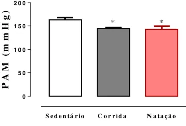 Figura  10:  Níveis  de  pressão  arterial  média  (mmHg)  após  oito  semanas  de  experimentação em ratos sedentários (n=6) e treinados (corrida, n=7; natação,  n=7)